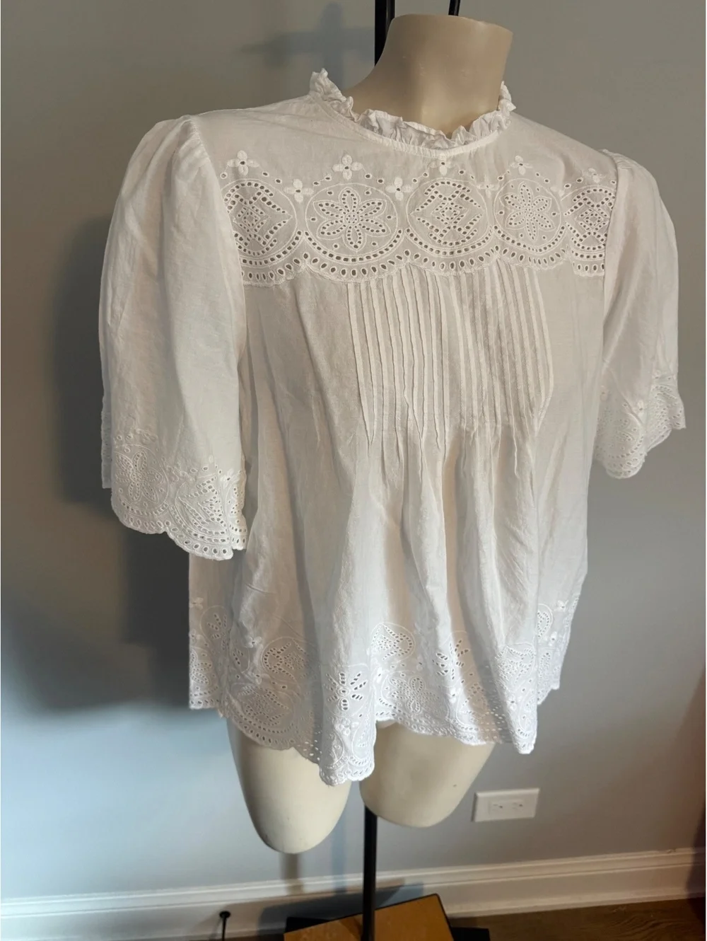 NWT Madewell White Eyelet Lace Puff Sleeve Blouse Size L